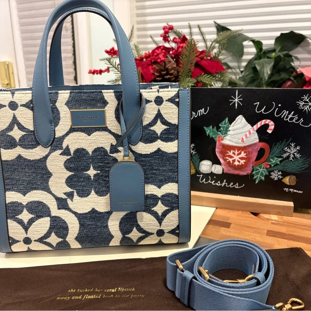 Kate Spade Blue Manhattan Monogram Tote Blue and Cream Floral Chenille - Picture 1 of 9